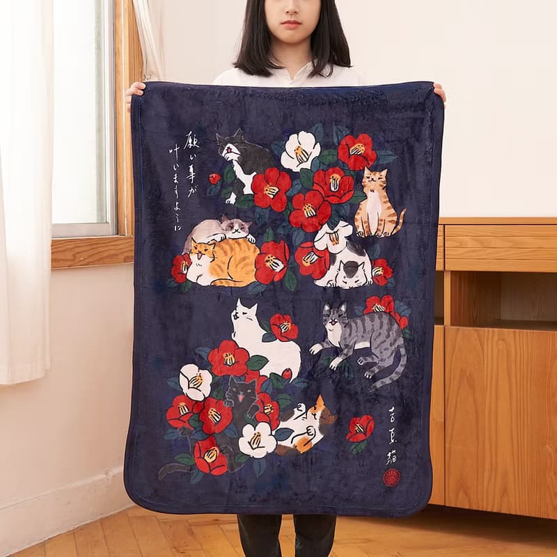 九貓祈福空調毯-椿花 【HitoCat 吉豆貓】情人節禮物 新年禮物 暖