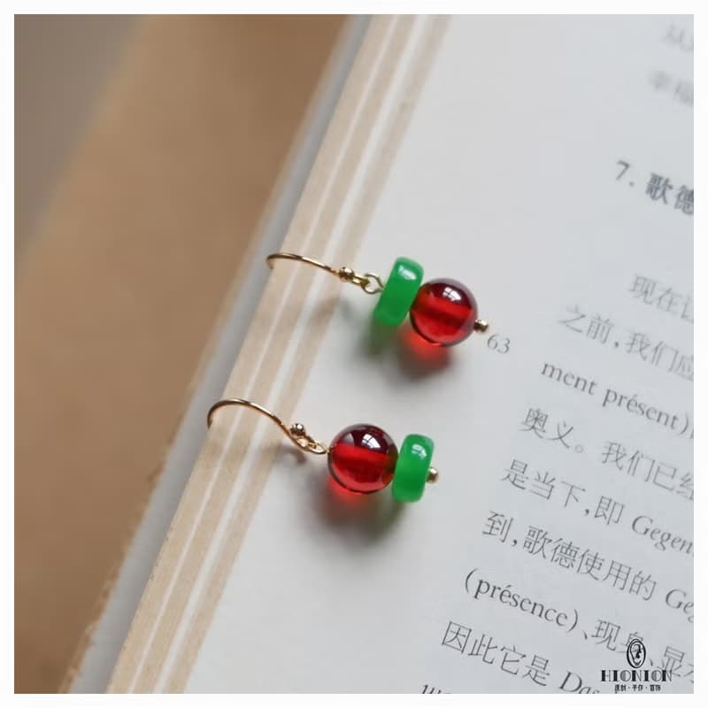 紅了櫻桃綠了芭蕉~原創小眾翡翠銀鍍金新中式耳環耳夾復古