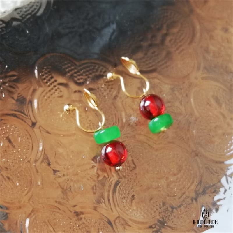 紅了櫻桃綠了芭蕉~原創小眾翡翠銀鍍金新中式耳環耳夾復古