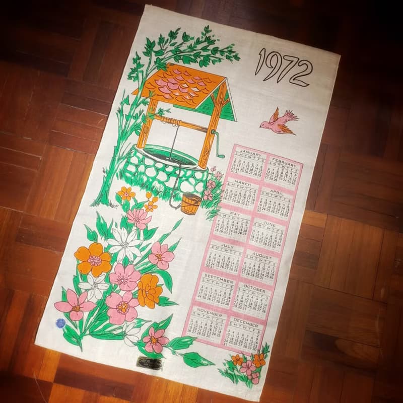 1972 美國早期布面月曆 花雨