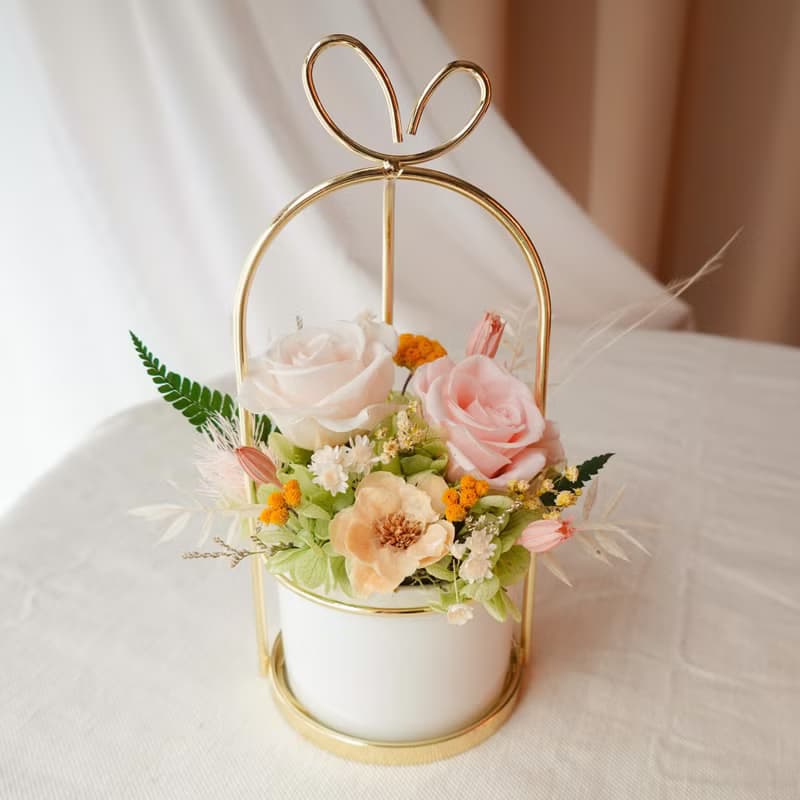 永生花愛心提把盆花-粉白色