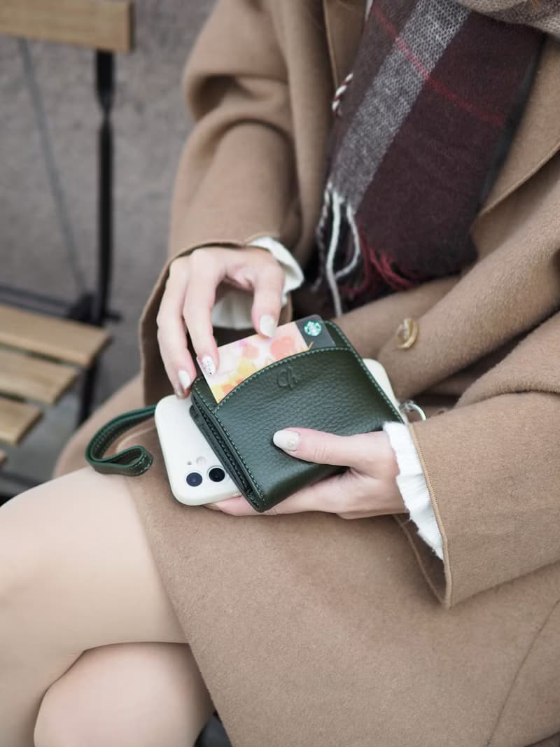 Anna (Green): Mini wallet, short wallet, cow leather, Bifold Zipper wallet