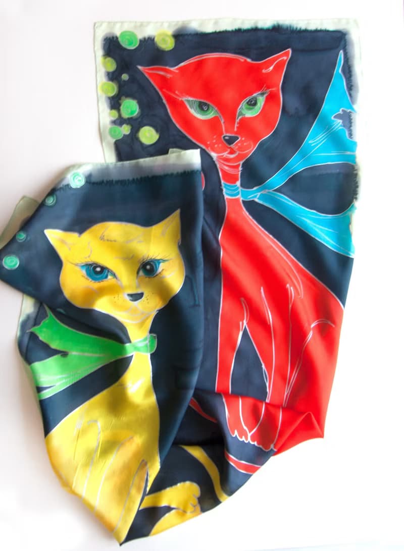 Crepe de Chine scarf-Red cat Yellow Cat/ Hand painted scarf/ Unique handmade scarf