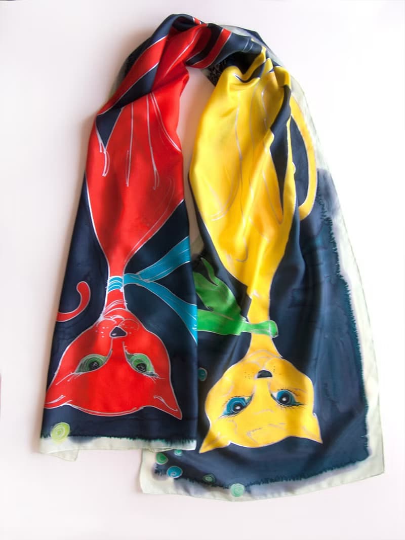 Crepe de Chine scarf-Red cat Yellow Cat/ Hand painted scarf/ Unique handmade scarf