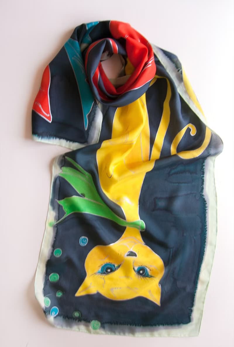 Crepe de Chine scarf-Red cat Yellow Cat/ Hand painted scarf/ Unique handmade scarf
