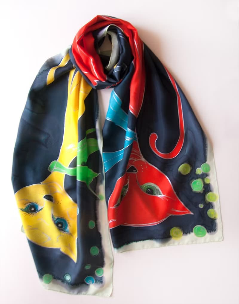 Crepe de Chine scarf-Red cat Yellow Cat/ Hand painted scarf/ Unique handmade scarf