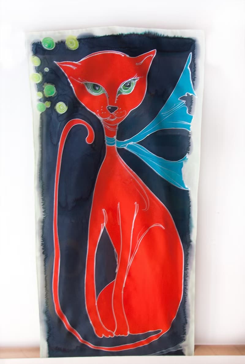 Crepe de Chine scarf-Red cat Yellow Cat/ Hand painted scarf/ Unique handmade scarf