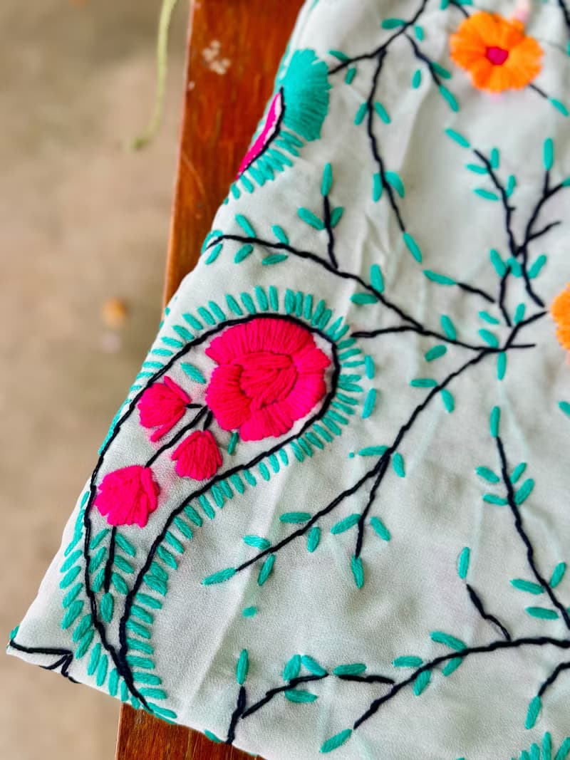 手工刺繡 湖水綠色 花卉 索繩束口 手袋 手提包