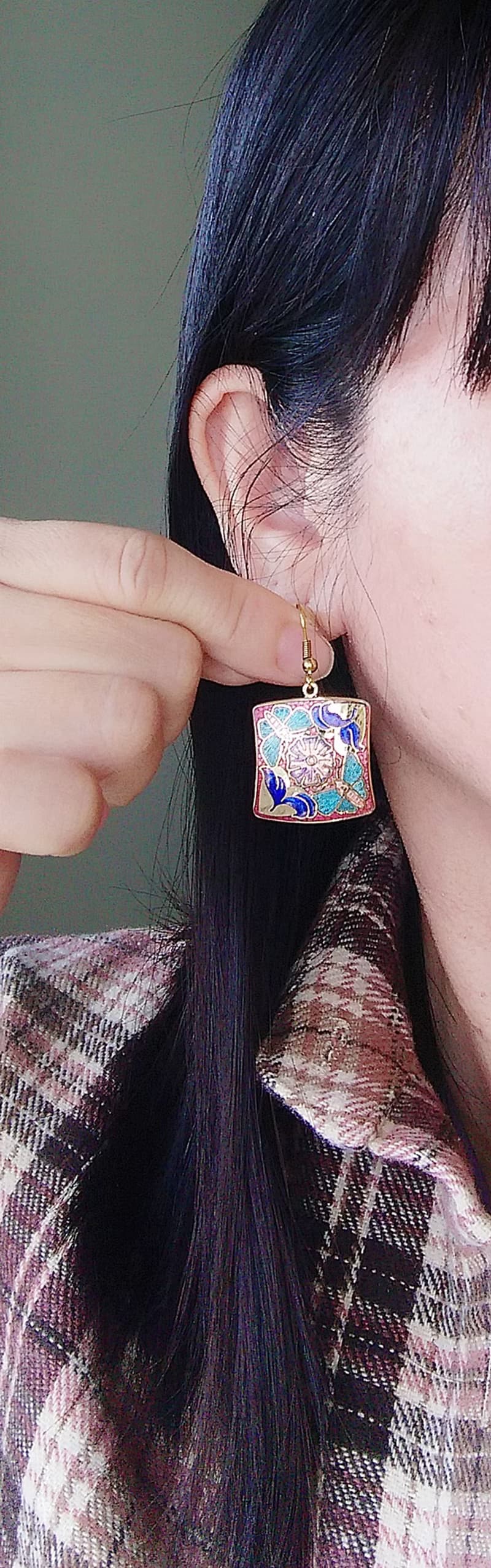 【西洋古董飾品 】景泰藍 紅底 四方 蝶花 花卉 耳勾針 針式耳環