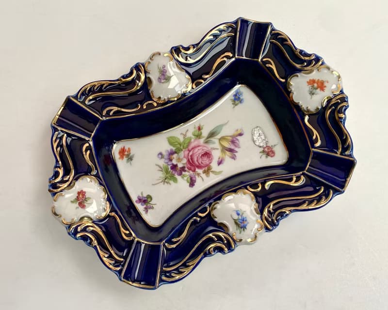 復古陶瓷煙灰缸 Lindner 鈷藍色花卉圖案德國 1970 年