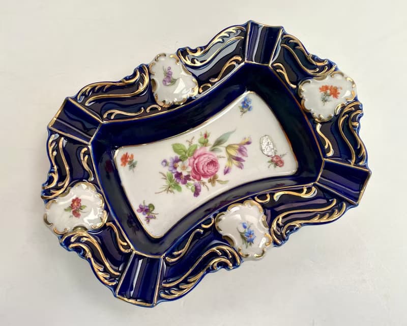 復古陶瓷煙灰缸 Lindner 鈷藍色花卉圖案德國 1970 年