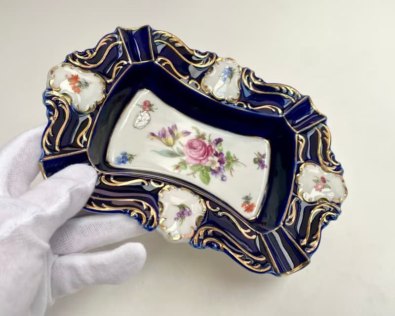復古陶瓷煙灰缸 Lindner 鈷藍色花卉圖案德國 1970 年