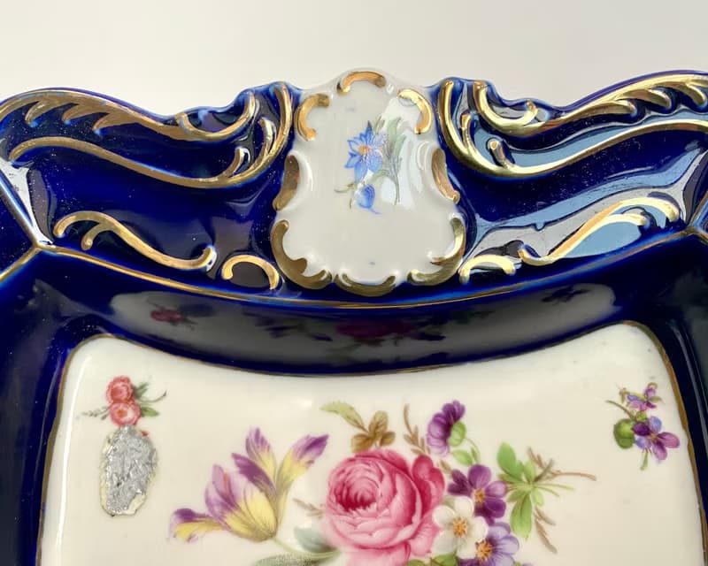 復古陶瓷煙灰缸 Lindner 鈷藍色花卉圖案德國 1970 年
