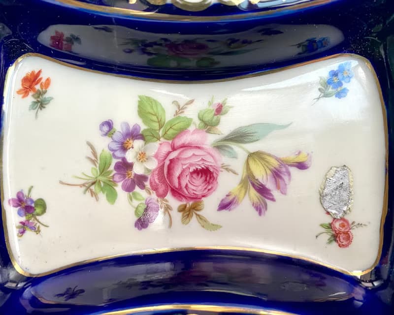復古陶瓷煙灰缸 Lindner 鈷藍色花卉圖案德國 1970 年