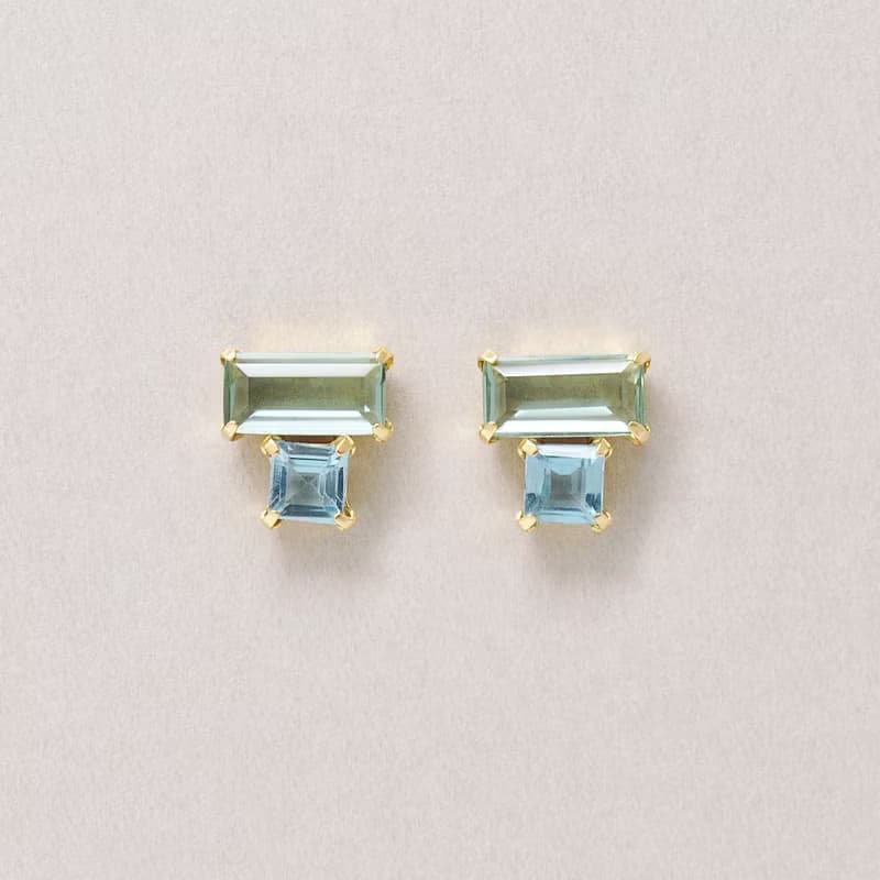 18K/10K 綠色石英藍色托帕石方形耳環 (黃金)