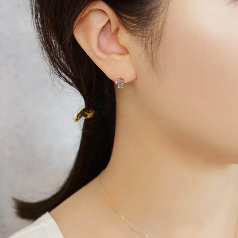 18K/10K 綠色石英藍色托帕石方形耳環 (黃金)