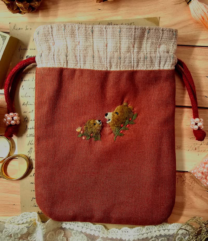 手作刺繡束口袋no.2-熊母子
