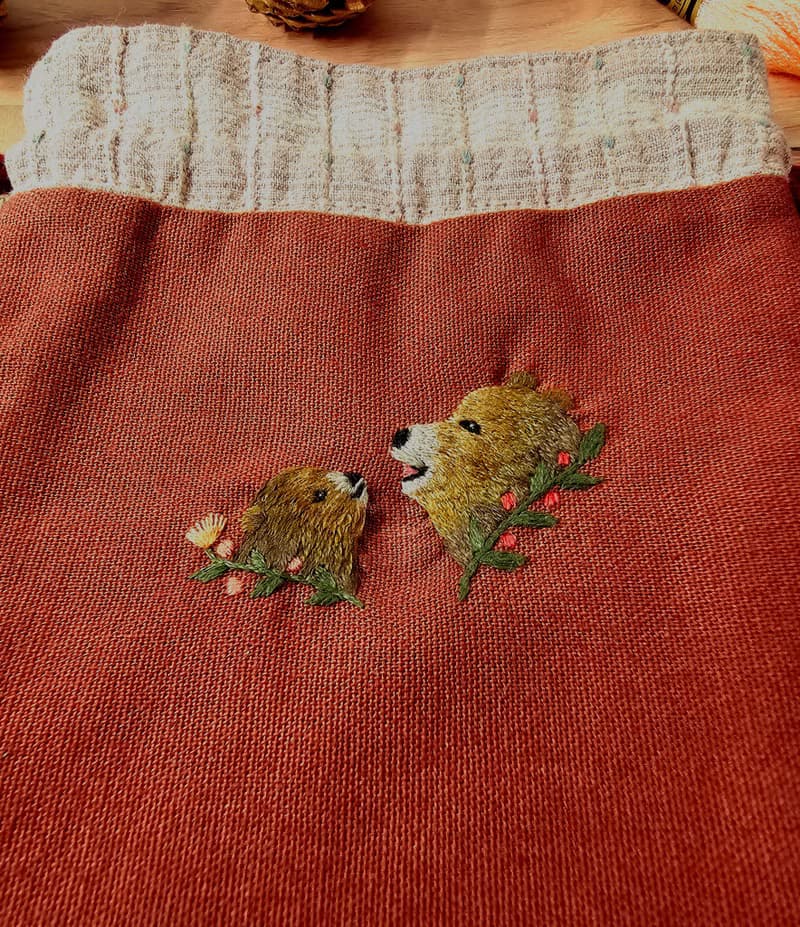 手作刺繡束口袋no.2-熊母子