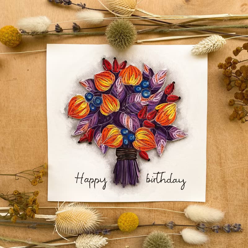 Quilling handmade card - Happy birthday. Autumn bouquet.