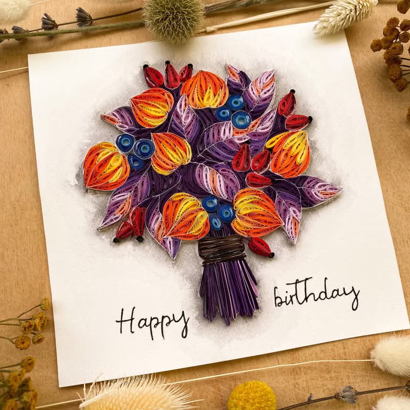 Quilling handmade card - Happy birthday. Autumn bouquet.