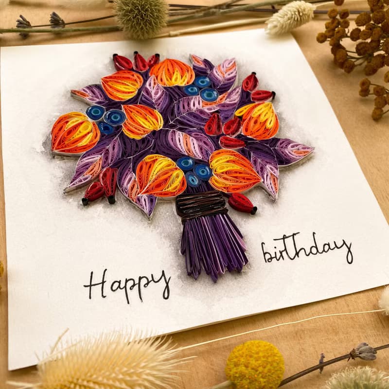 Quilling handmade card - Happy birthday. Autumn bouquet.