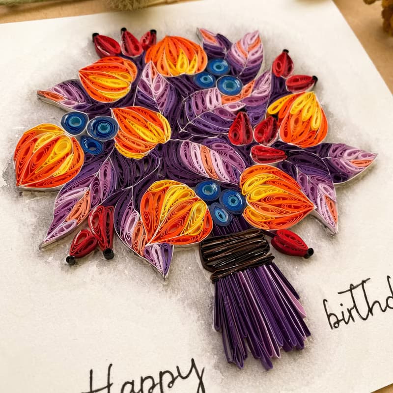 Quilling handmade card - Happy birthday. Autumn bouquet.