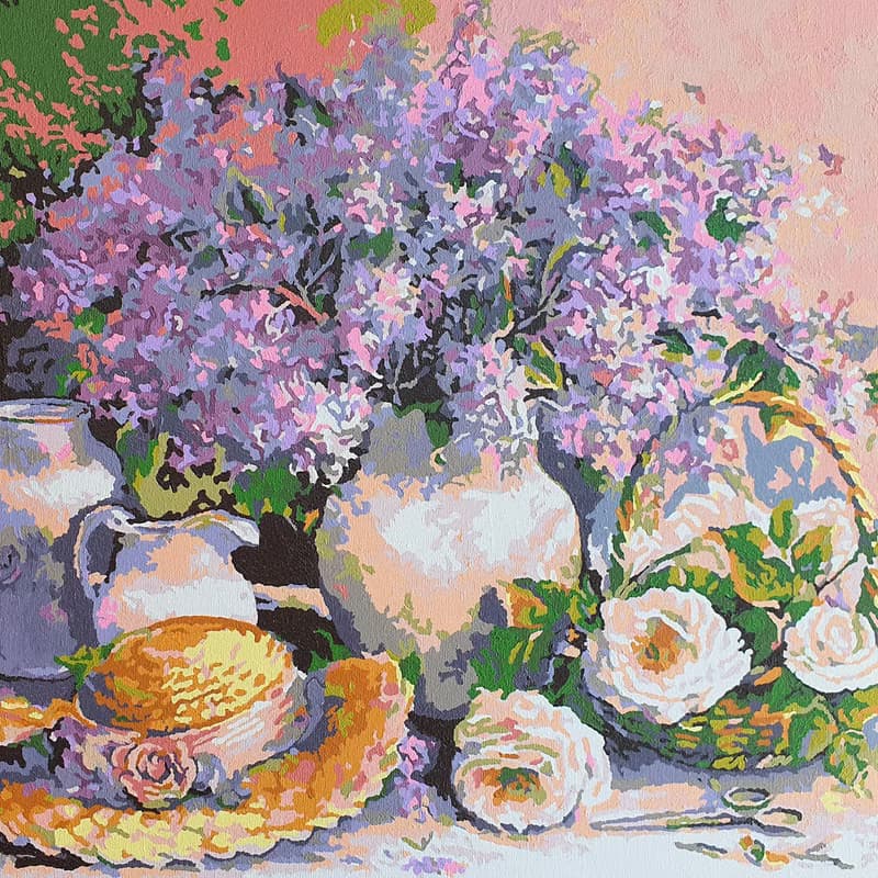Lilac Painting Bouquet Flowers Original Art Straw Hat Wall Art Floral Still Life