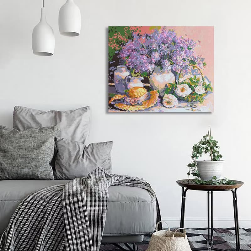 Lilac Painting Bouquet Flowers Original Art Straw Hat Wall Art Floral Still Life