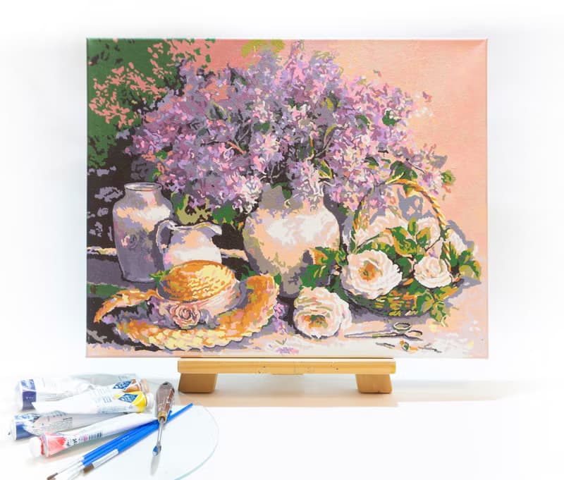 Lilac Painting Bouquet Flowers Original Art Straw Hat Wall Art Floral Still Life