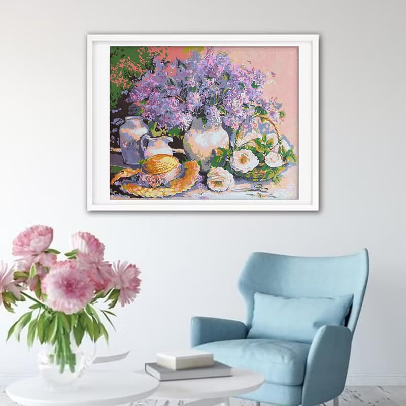 Lilac Painting Bouquet Flowers Original Art Straw Hat Wall Art Floral Still Life