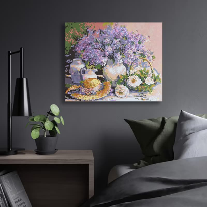 Lilac Painting Bouquet Flowers Original Art Straw Hat Wall Art Floral Still Life