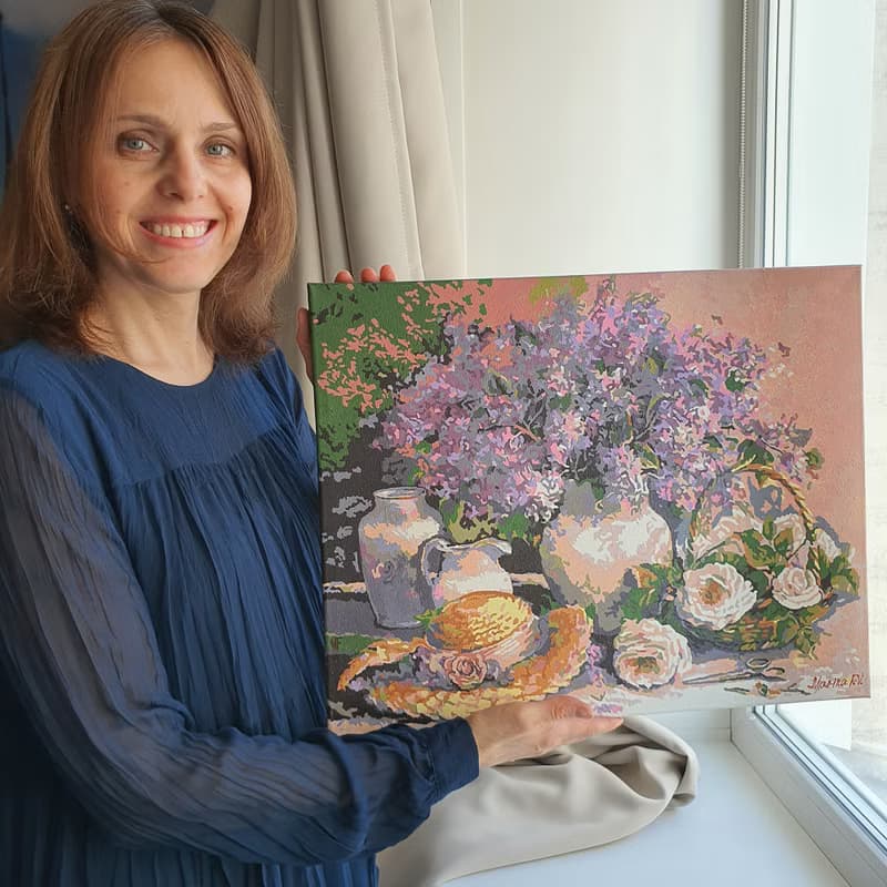 Lilac Painting Bouquet Flowers Original Art Straw Hat Wall Art Floral Still Life