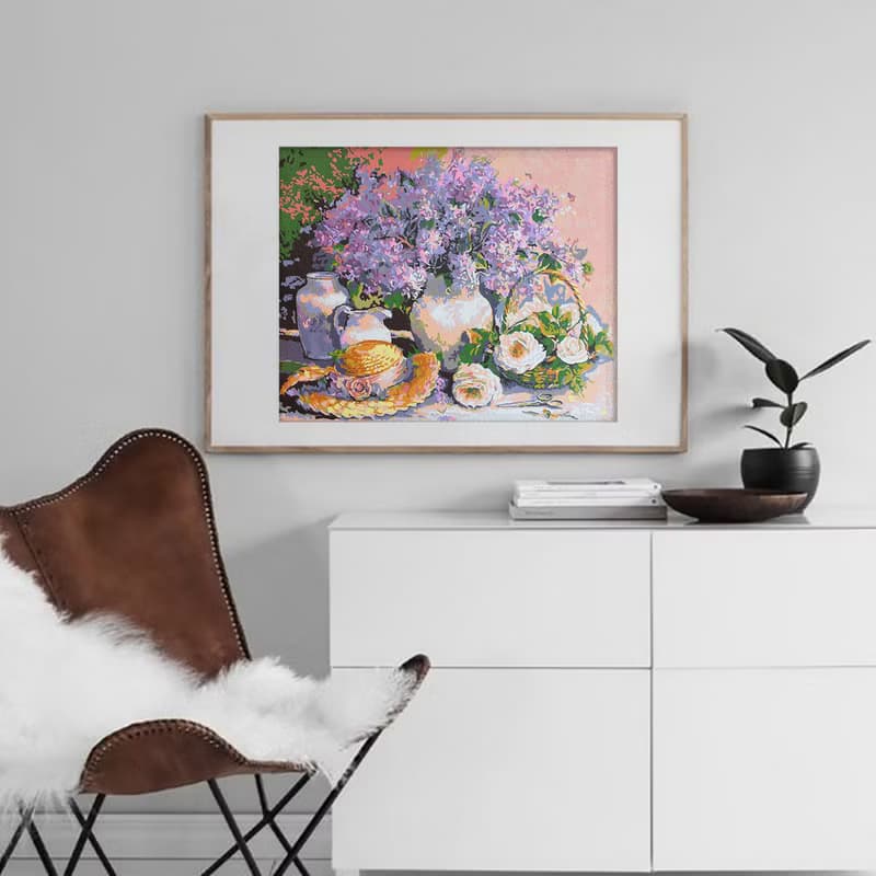 Lilac Painting Bouquet Flowers Original Art Straw Hat Wall Art Floral Still Life