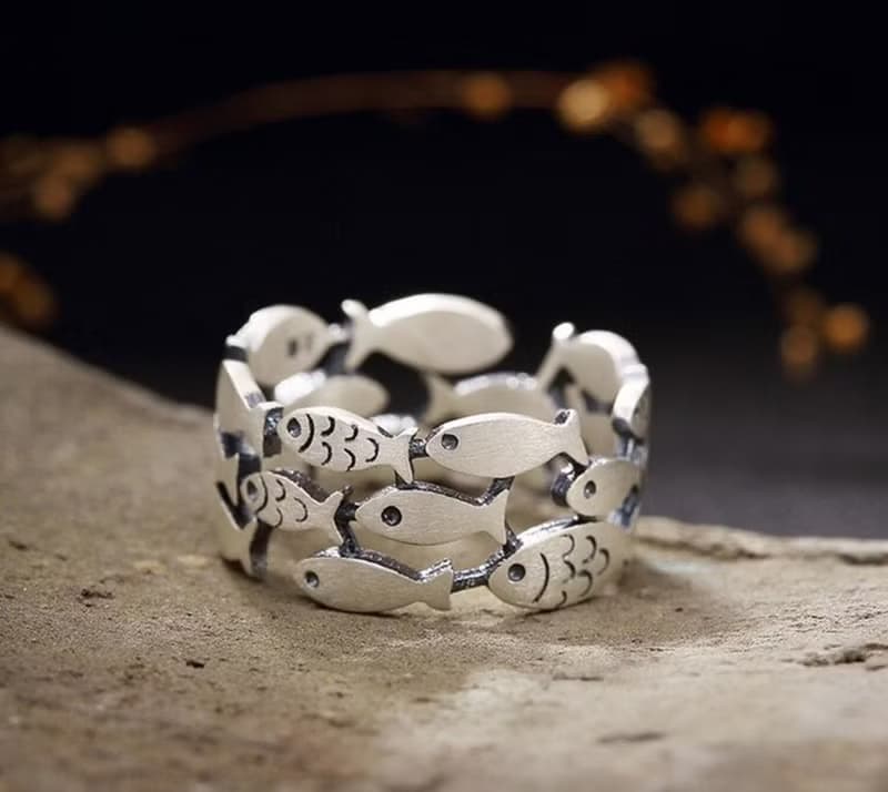 Real 990 Fine Silver Opening Rings for Women Lovely Fishes Finger Ring Ethnic