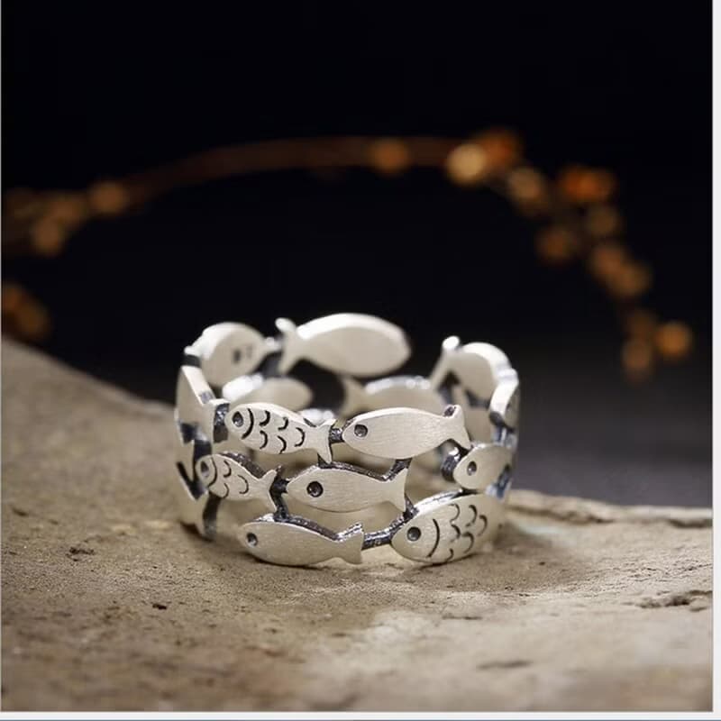 Real 990 Fine Silver Opening Rings for Women Lovely Fishes Finger Ring Ethnic