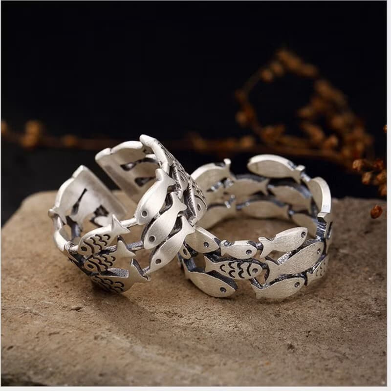 Real 990 Fine Silver Opening Rings for Women Lovely Fishes Finger Ring Ethnic