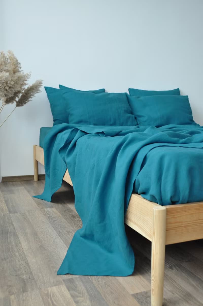 Sea wave linen fitted sheet / Softened linen bed sheet / Deep pocket