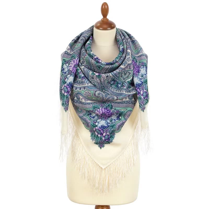 Pavlovo Posad Russian Shawl 100% Wool Scarf 125x125 cm Wrap Silk Fringe 2034-0