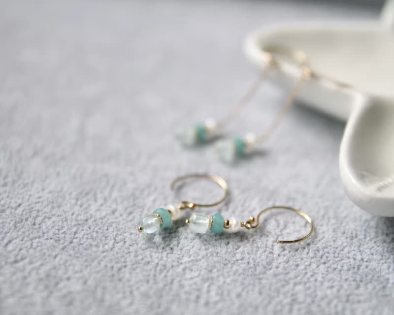 海藍藍香氣 托帕石.天河石.珍珠耳環 可改夾式 垂墜長度可訂製