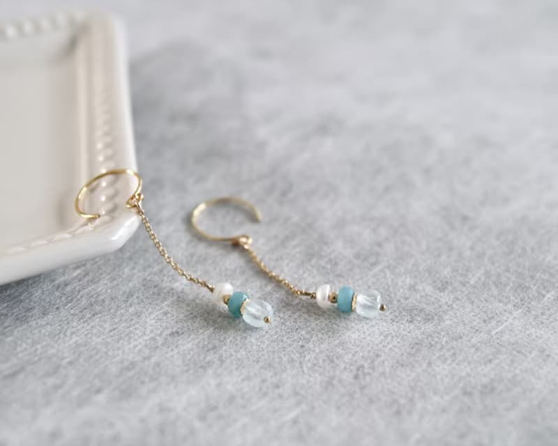 海藍藍香氣 托帕石.天河石.珍珠耳環 可改夾式 垂墜長度可訂製