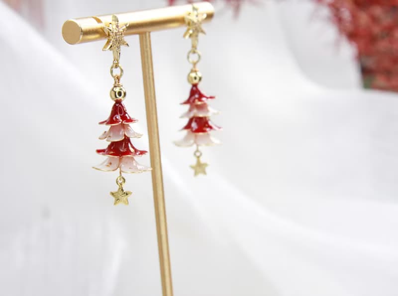 紅白聖誕樹  手工原創 銅線樹脂  優雅 耳環 節日禮物