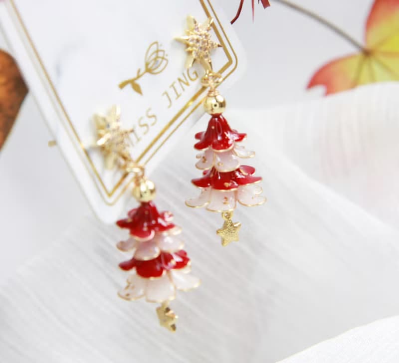 紅白聖誕樹  手工原創 銅線樹脂  優雅 耳環 節日禮物