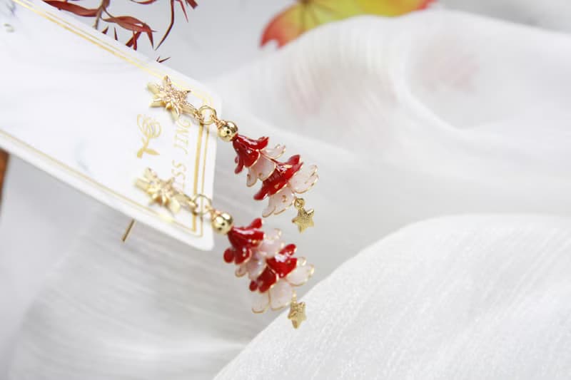 紅白聖誕樹  手工原創 銅線樹脂  優雅 耳環 節日禮物