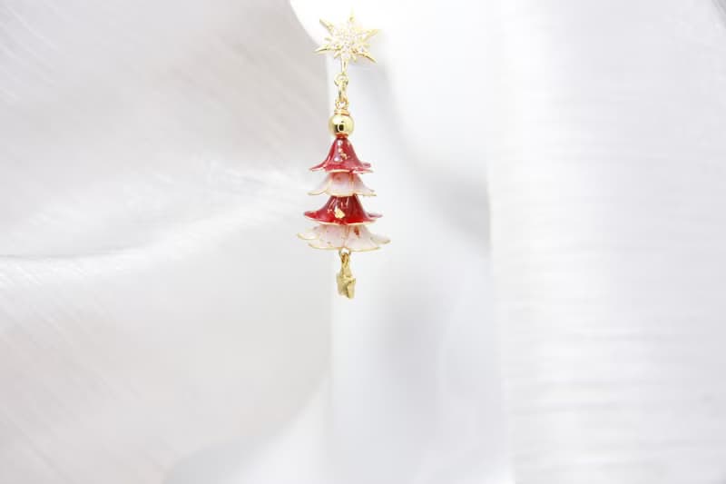 紅白聖誕樹  手工原創 銅線樹脂  優雅 耳環 節日禮物