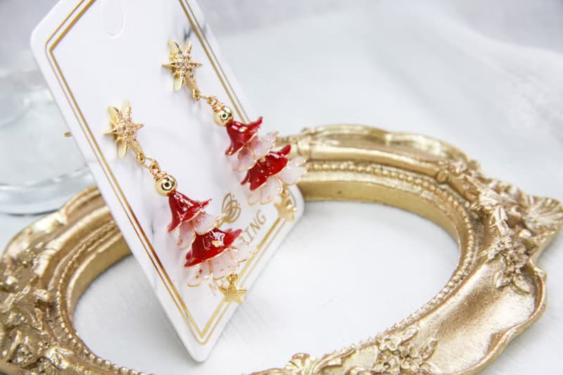 紅白聖誕樹  手工原創 銅線樹脂  優雅 耳環 節日禮物