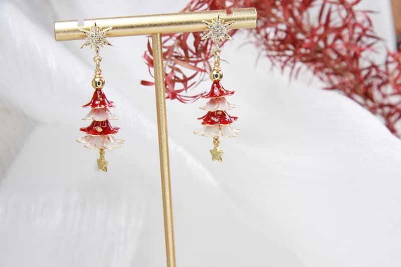 紅白聖誕樹  手工原創 銅線樹脂  優雅 耳環 節日禮物