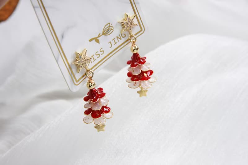 紅白聖誕樹  手工原創 銅線樹脂  優雅 耳環 節日禮物