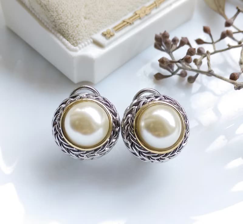 Vintage Jewelry 西洋古董飾品 銀色調 厚實 仿珠 針式耳環