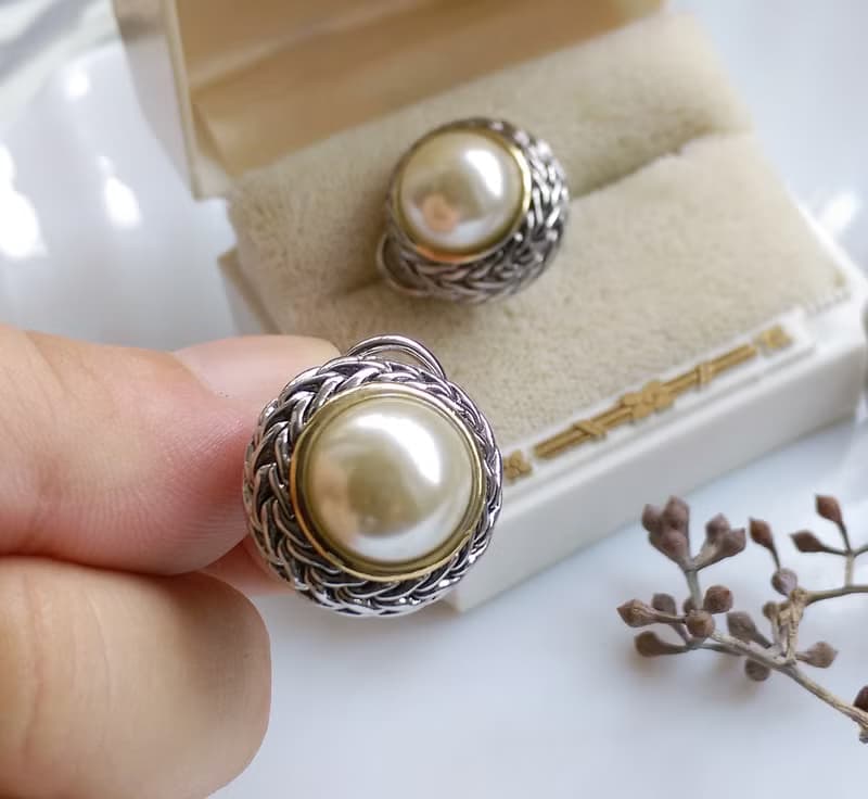 Vintage Jewelry 西洋古董飾品 銀色調 厚實 仿珠 針式耳環