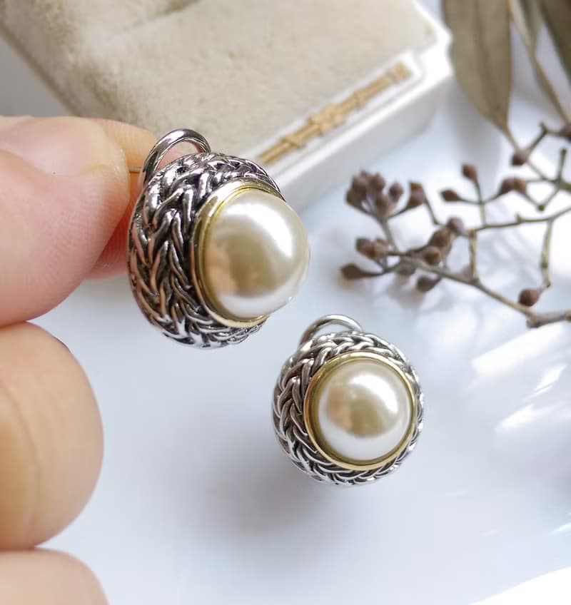 Vintage Jewelry 西洋古董飾品 銀色調 厚實 仿珠 針式耳環